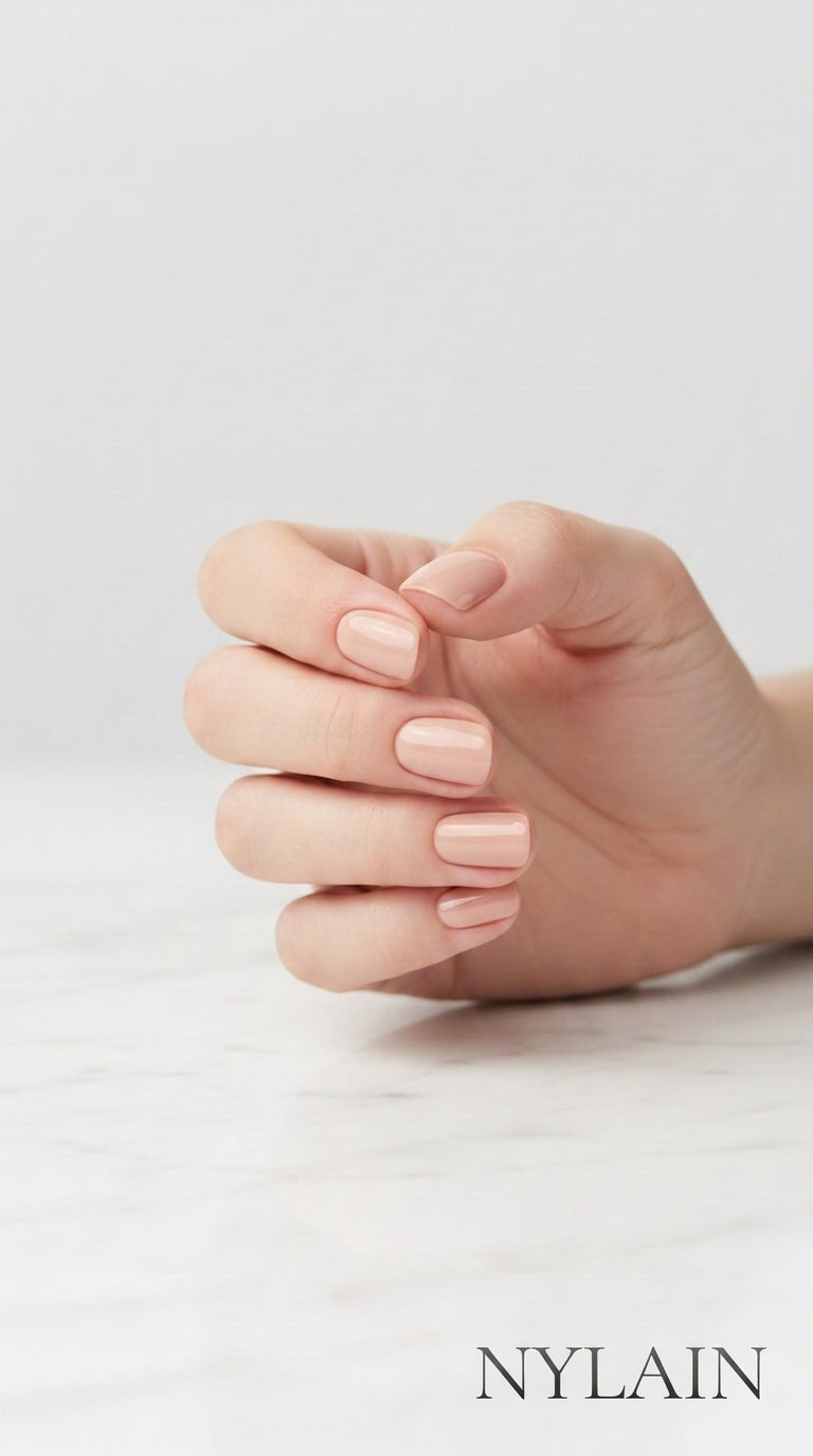 Hand with light beige nail wraps on a white background, featuring the brand NYLAIN.