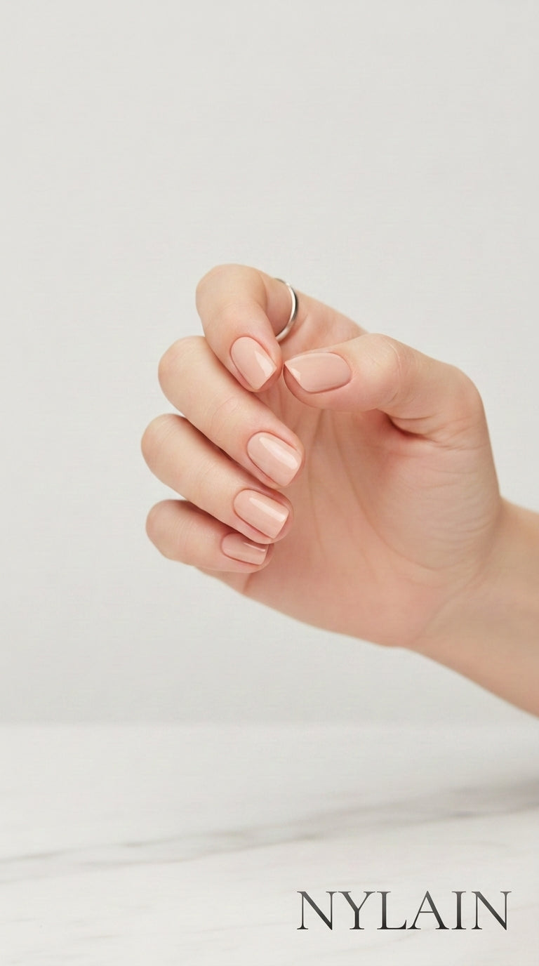 Hand with light beige nude nail wraps on a plain background, featuring the brand NYLAIN.