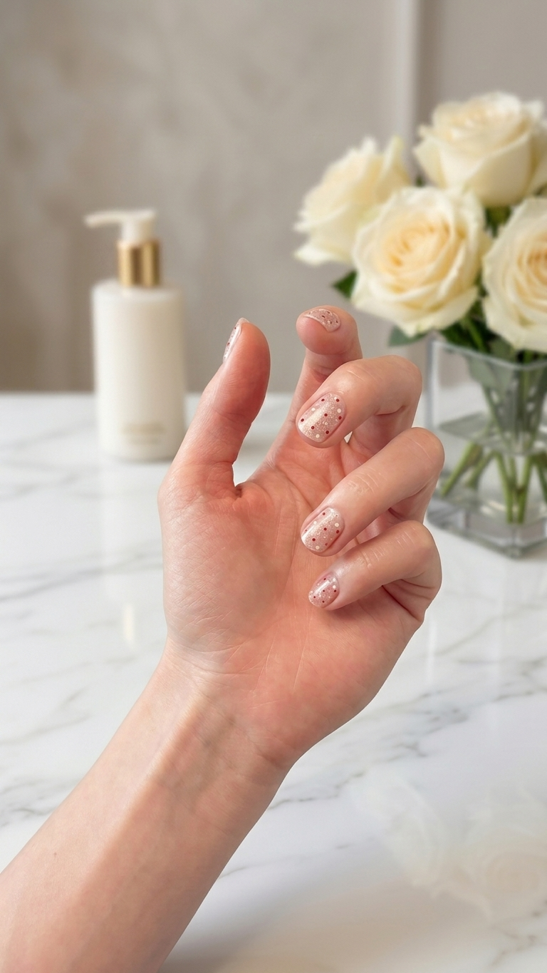 Hand with nude red and white polka dot nail wraps on a marble surface with a bottle and flowers in the background