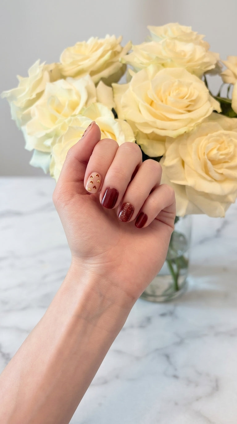 Hand with red heart nail wraps holding a bouquet of white roses on a marble surface