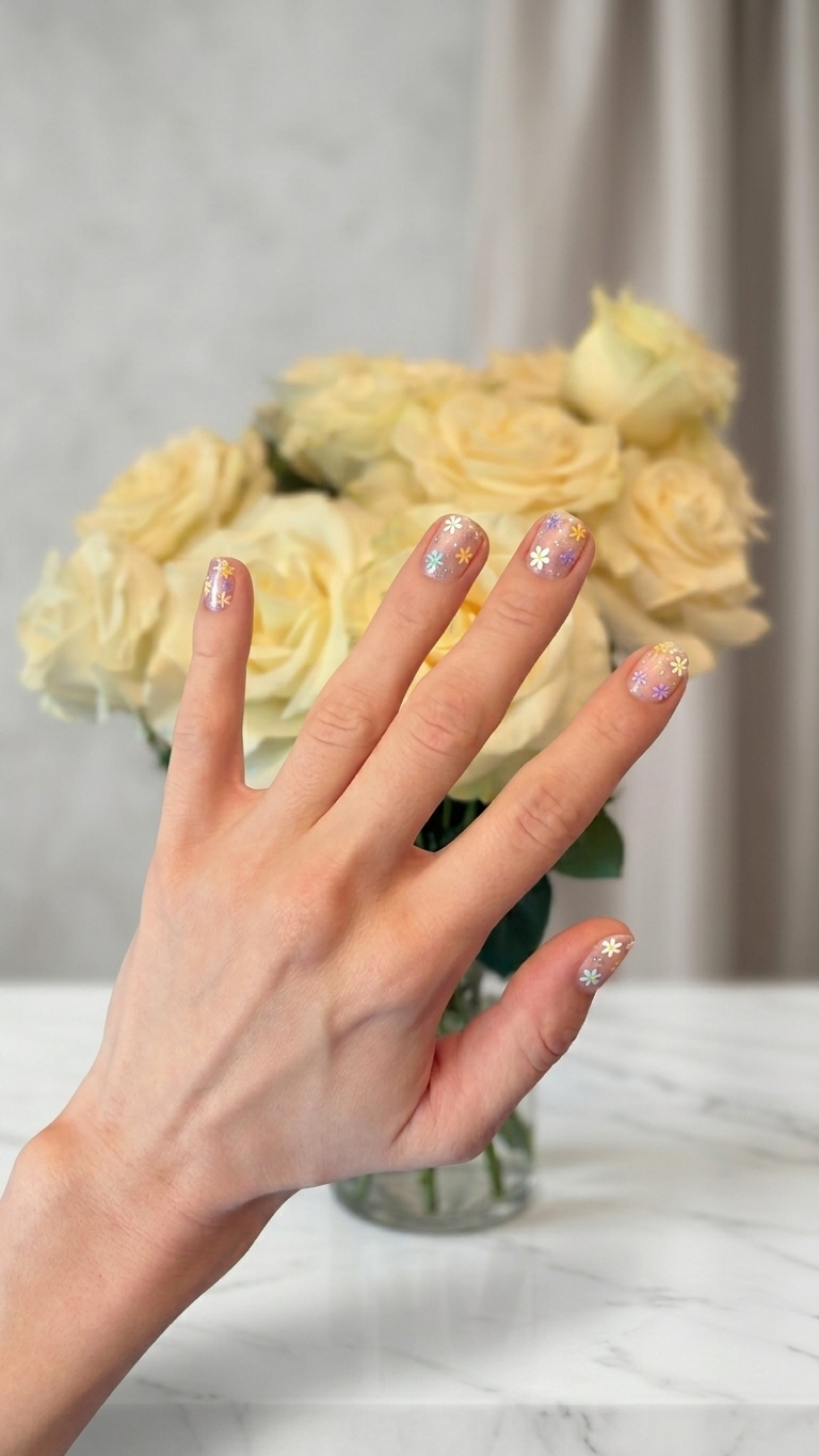 Hand with flowers nail wraps holding a bouquet of yellow roses on a marble surface.