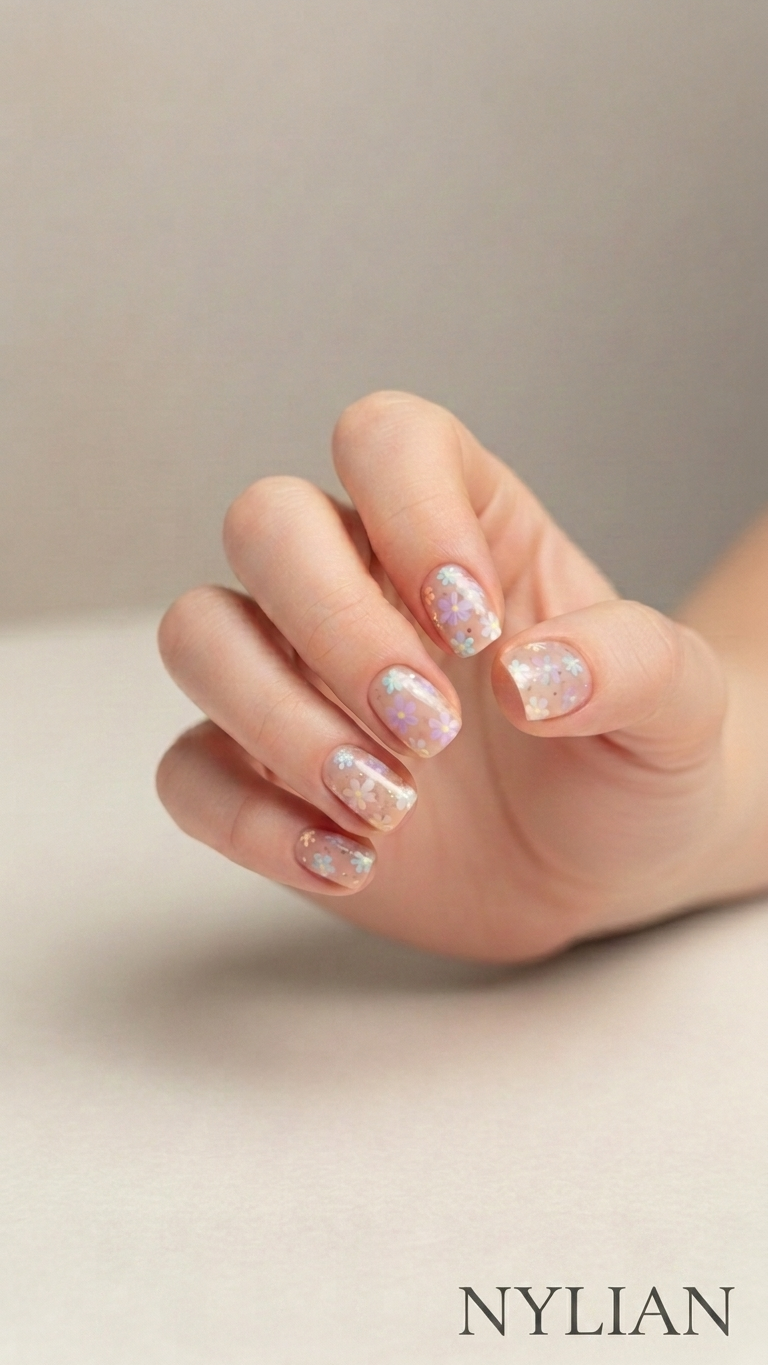 Hand with flowers nail wraps on a neutral background, featuring the brand NYLIAN.